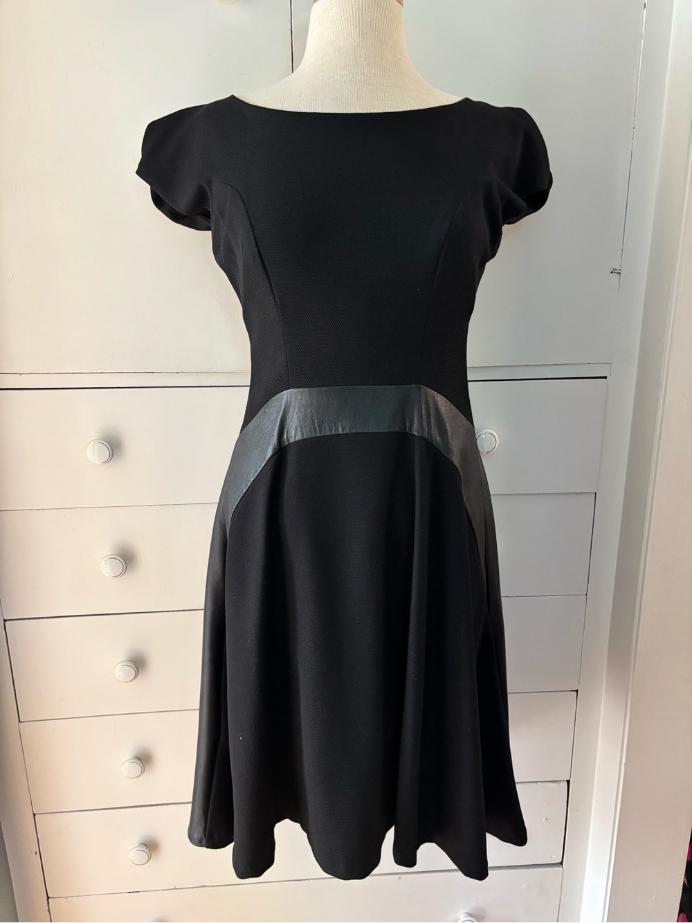 Eva Franco Black Fit-and-Flare Midi Dress with Genuine Leather panels